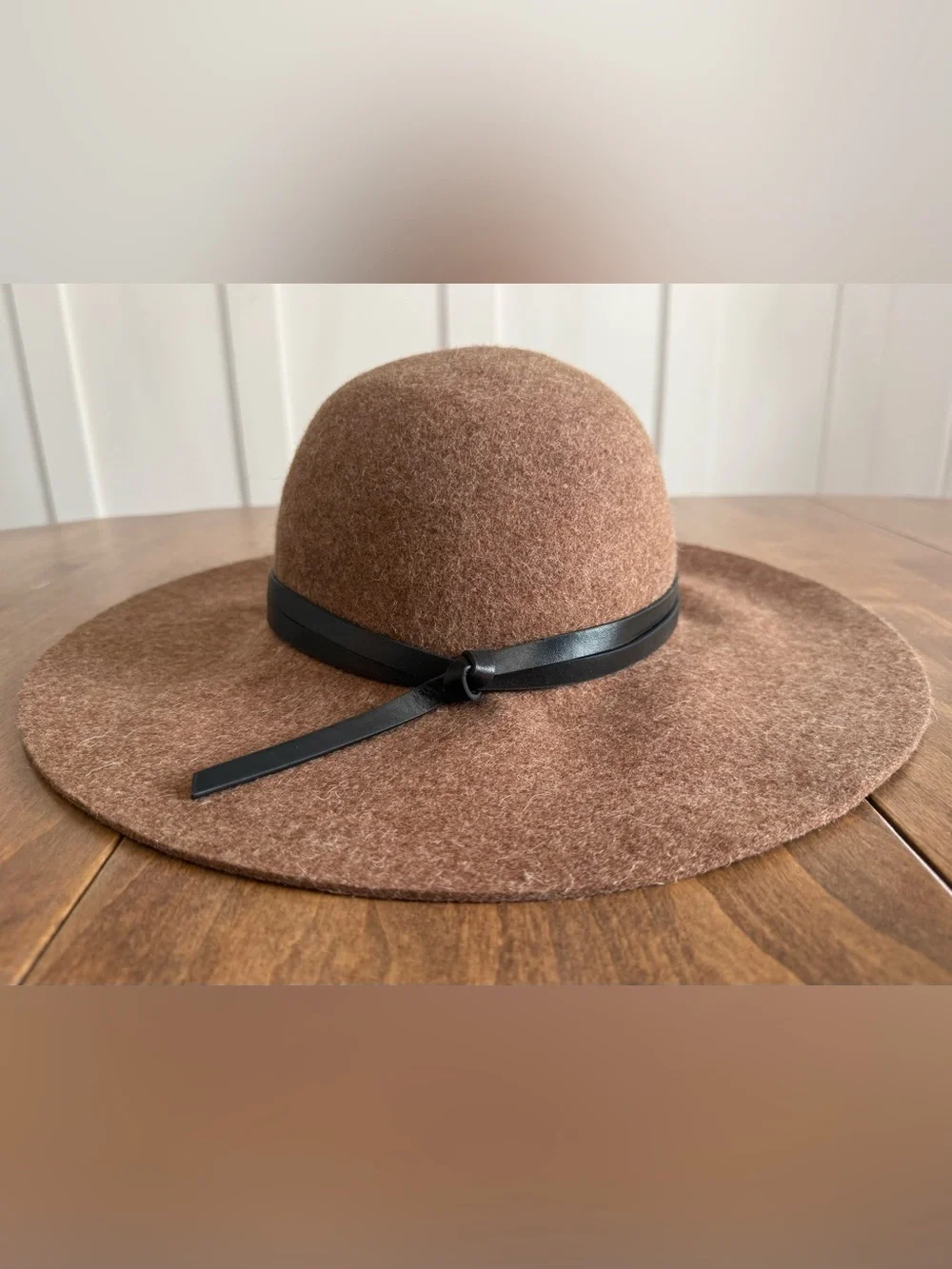 Nordstrom Brown Light Heather Wool Felt Wide-Brim Hat with Black Band Adjusts
